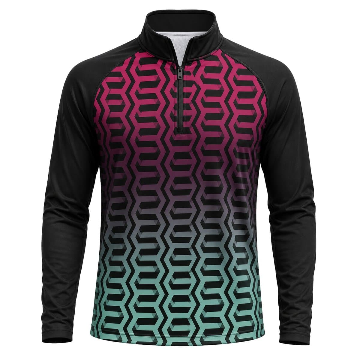 Dye Sub Men's Mandarin Collar 1/4 Zip Shirt, Raglan Long Sleeve, Birdseye