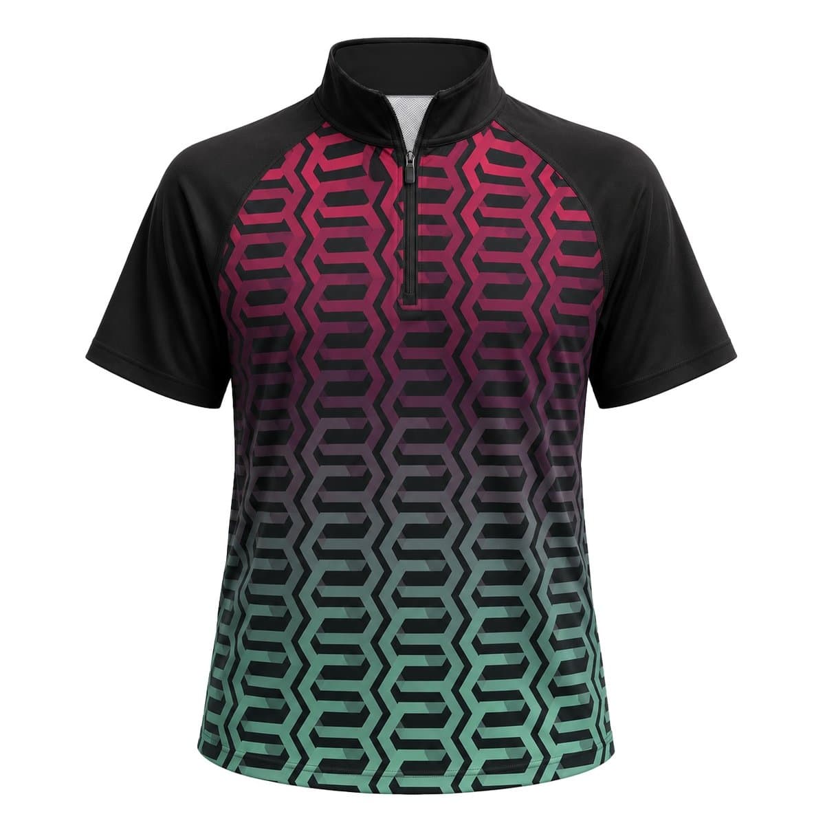 Dye Sub Men's Mandarin Collar 1/4 Zip Shirt, Raglan Short Sleeve, Reverse Birdseye