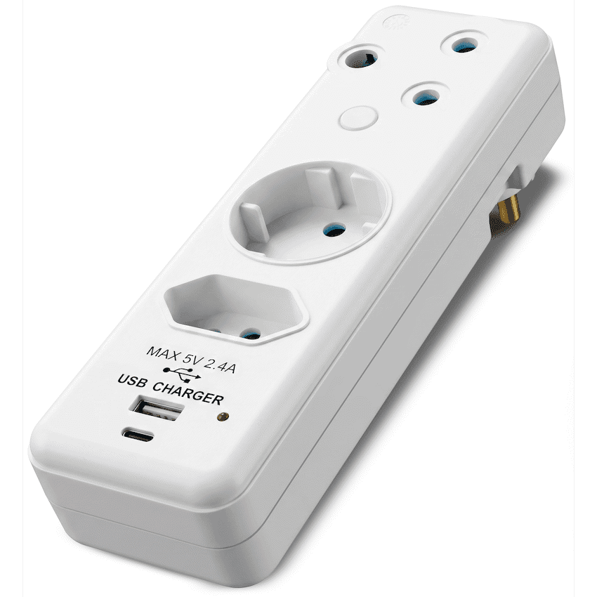Ellies 3-Way Schuko Adaptor with Type-C + USB - White