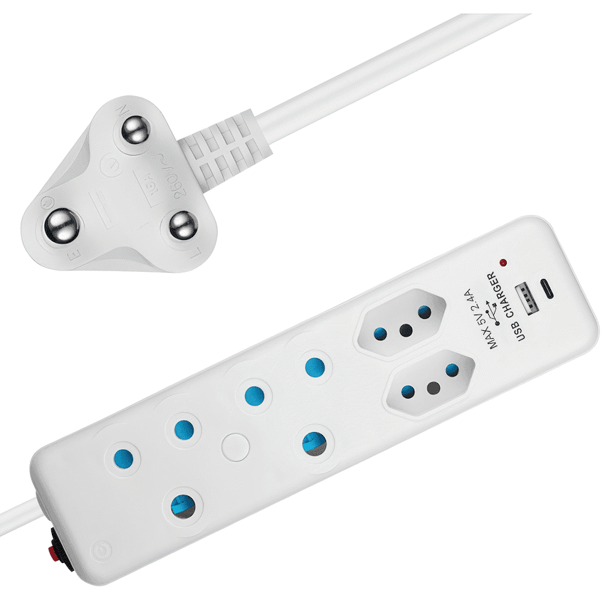 Switched 4-Way Extension Lead with 1x Type-C + 1x USB - 2m