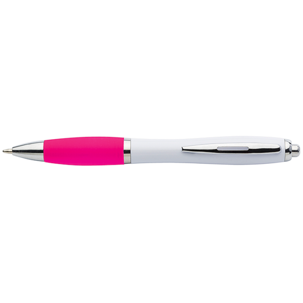 White Barrel Curved Design Ballpoint Pen with Coloured Grip - Image 7