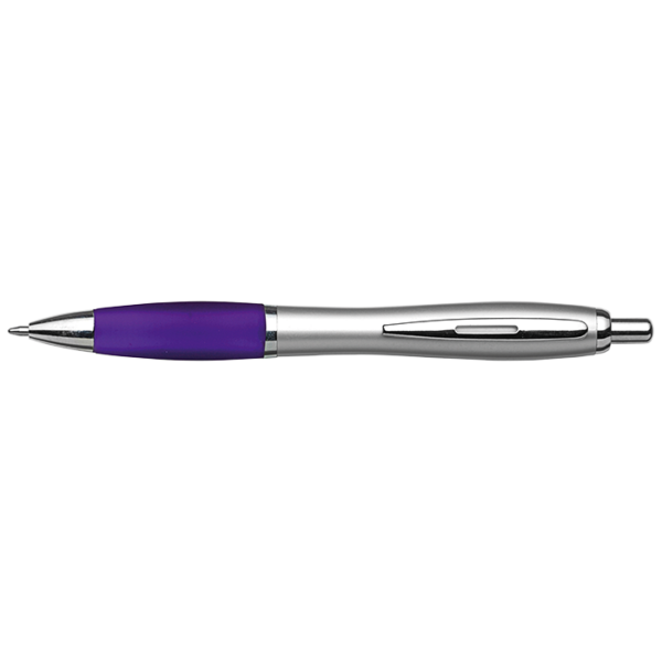 Silver Barrel Curved Design Ballpoint Pen with Coloured Grip - Image 3